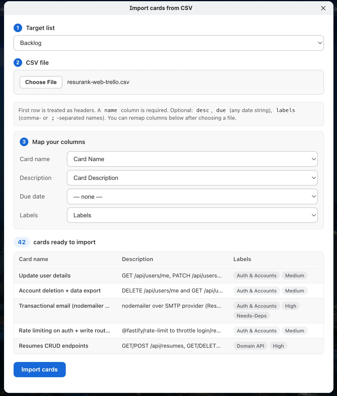 The importer's column mapping step, showing CSV columns mapped to card name, description, and labels, with a preview table of 42 cards ready to import