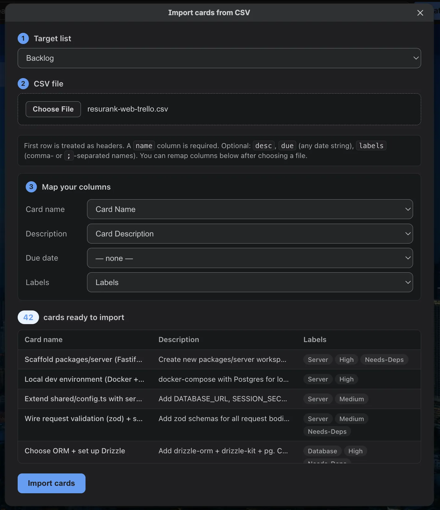 The importer's column mapping step, showing CSV columns mapped to card name, description, and labels, with a preview table of 42 cards ready to import