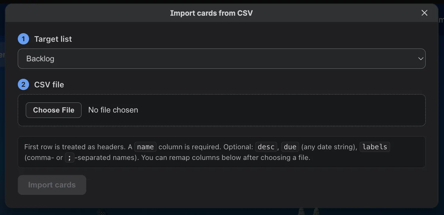 Trello CSV Card Importer preview