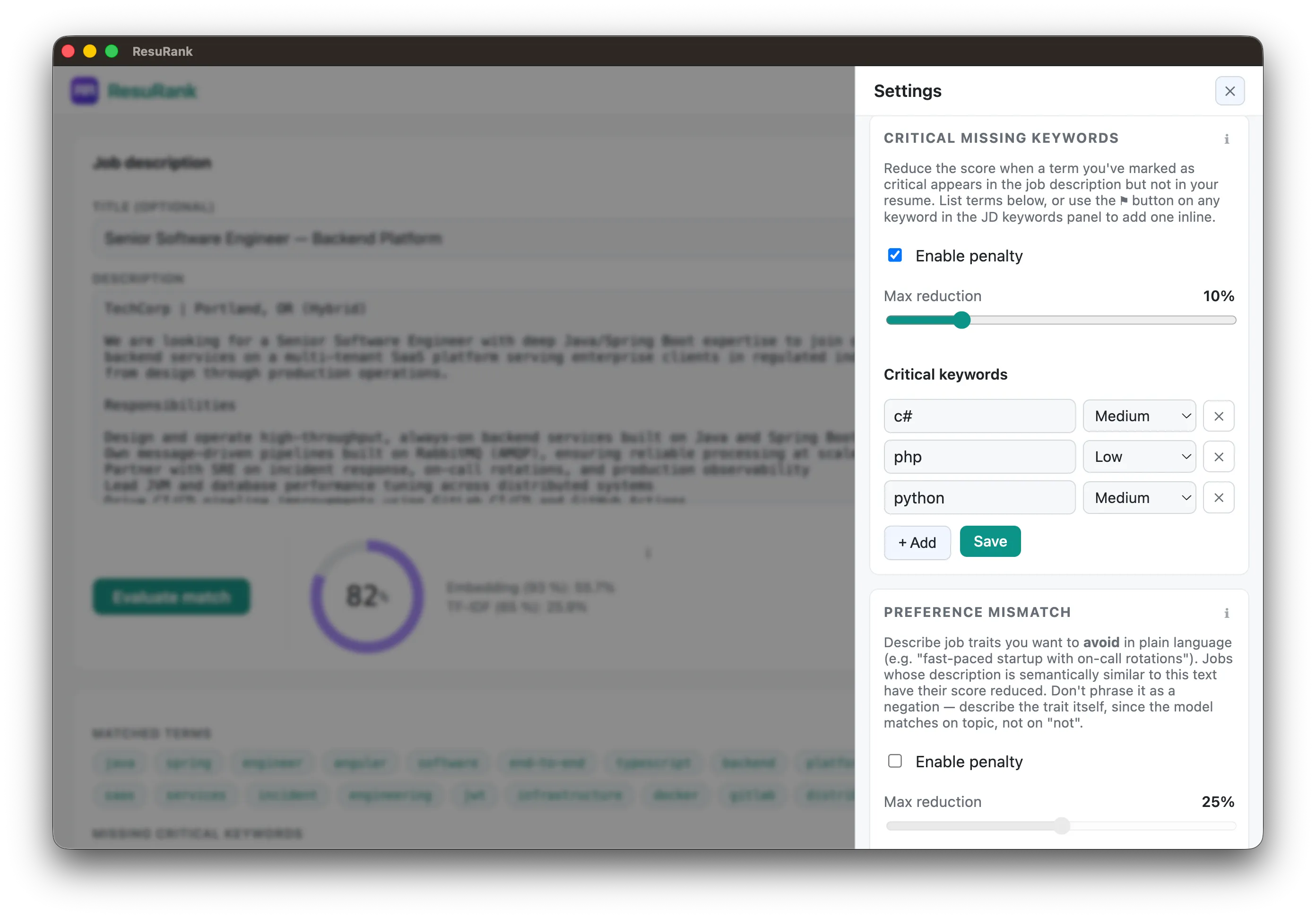 ResuRank's settings panel showing critical missing keyword penalties with per-term severity, and a preference mismatch scorer for avoiding certain job traits