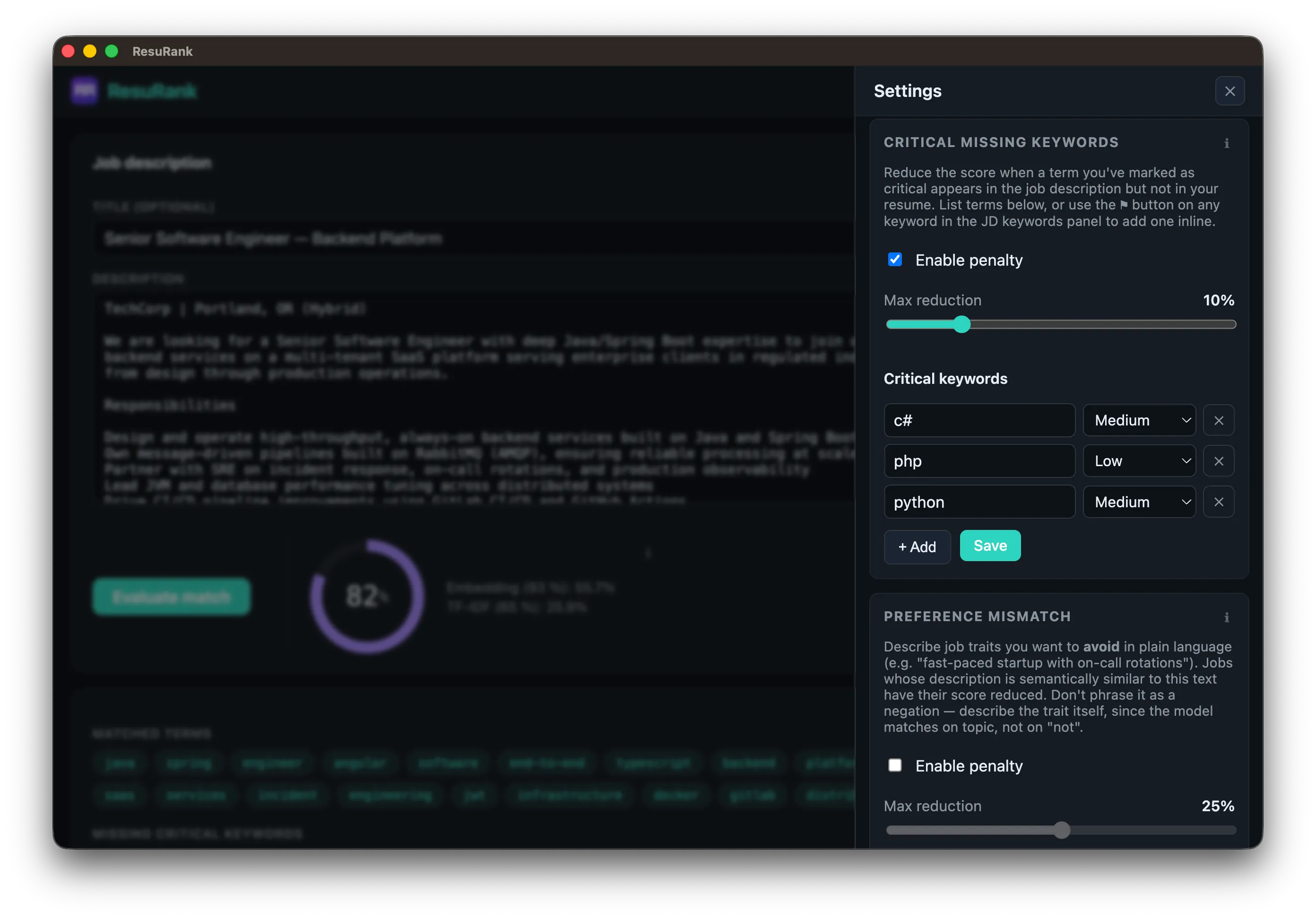 ResuRank's settings panel showing critical missing keyword penalties with per-term severity, and a preference mismatch scorer for avoiding certain job traits