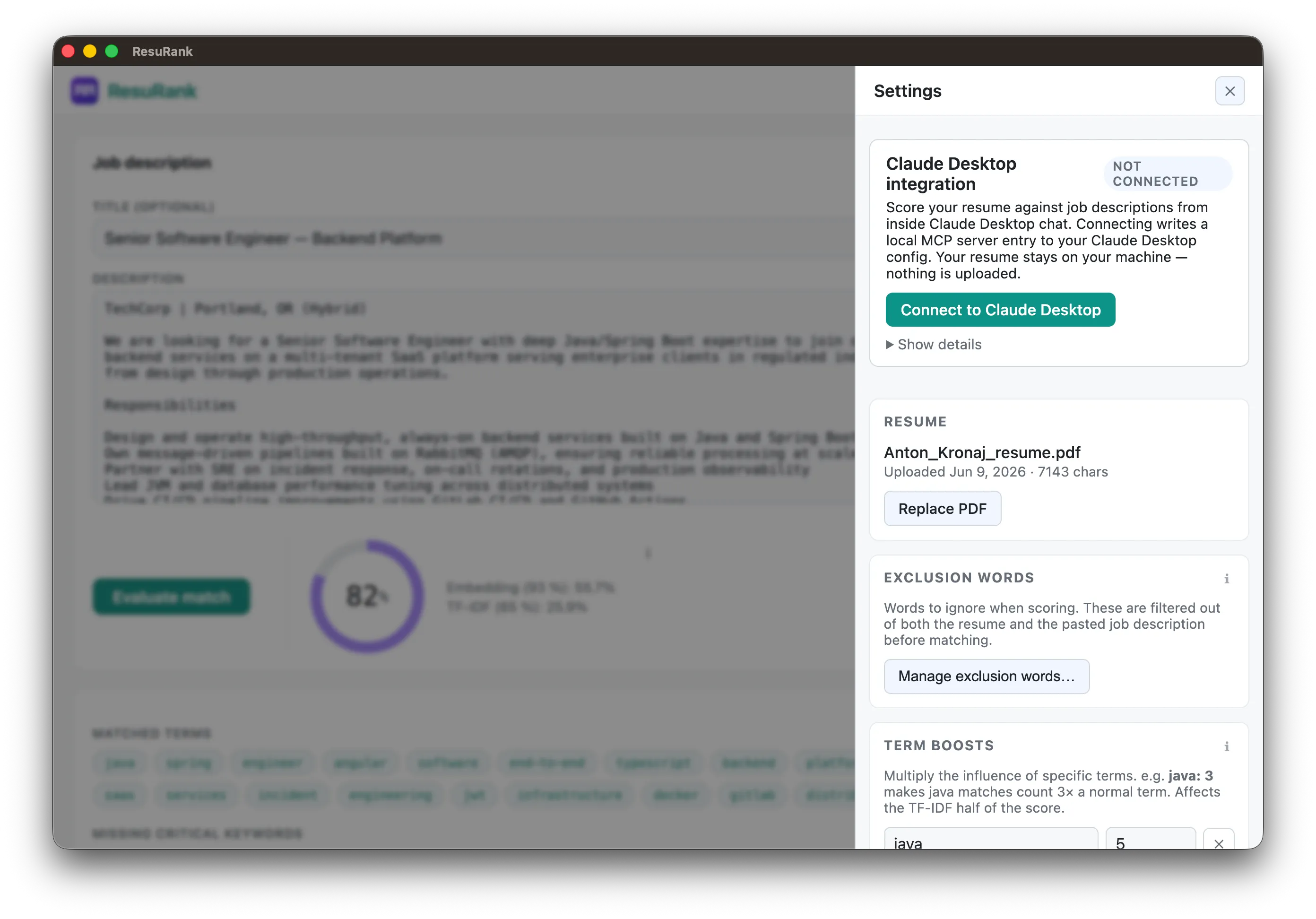 ResuRank's settings panel showing the Claude Desktop MCP integration status, the locally stored resume PDF, and exclusion word management