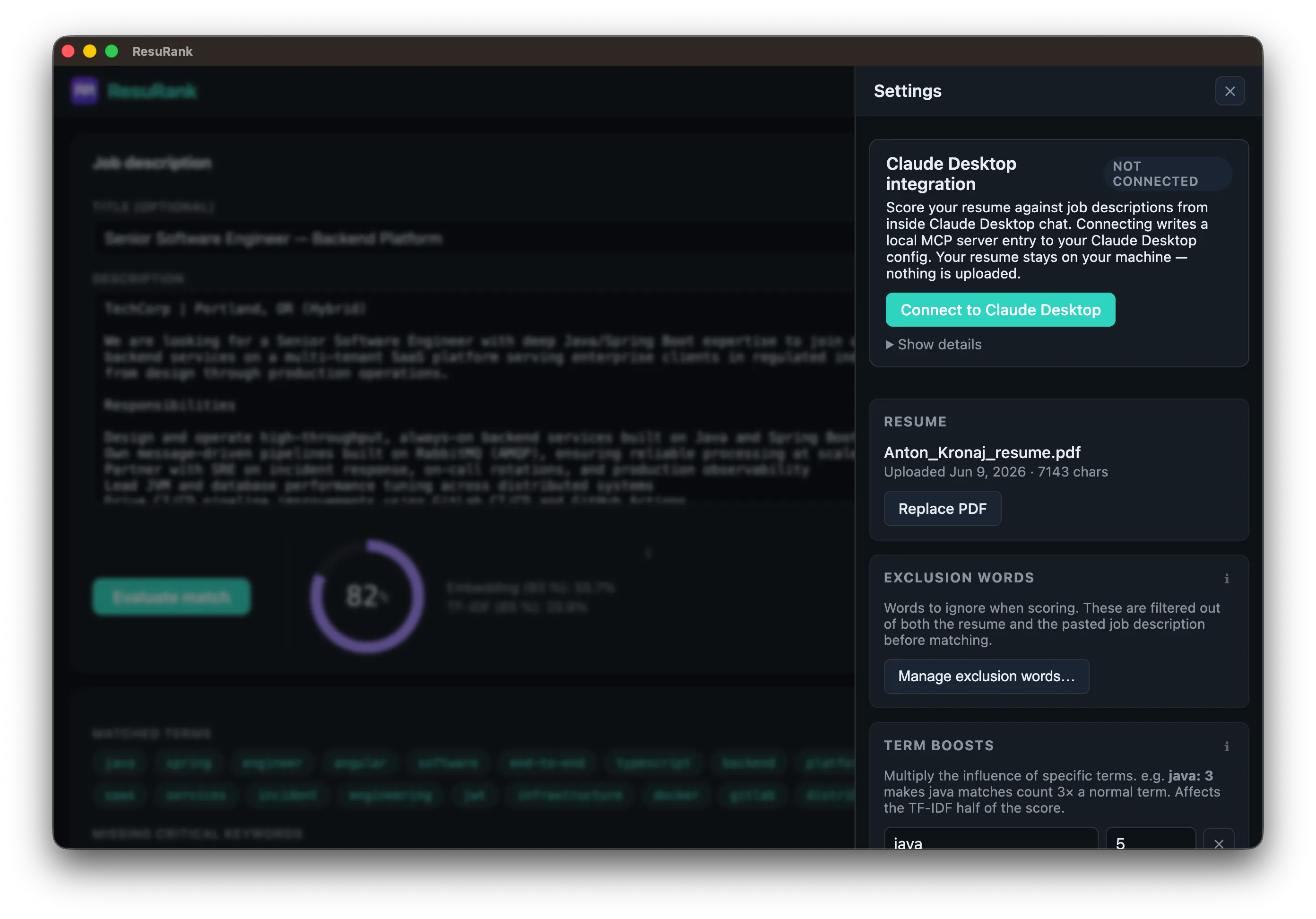 ResuRank's settings panel showing the Claude Desktop MCP integration status, the locally stored resume PDF, and exclusion word management
